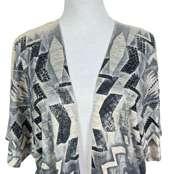 Vocal Gray Tan Jeweled Embellished Short Dolman Sleeve Open Cardigan Shrug - Picture 5 of 10